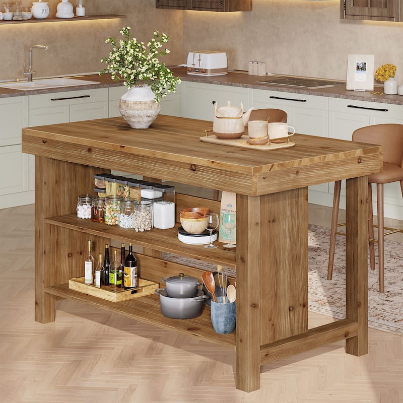 Solid Wood Island, 3-Tier 55 Inch Farmhouse Center Island Table