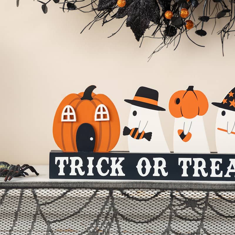 Glitzhome 18"L Happy Halloween Wooden Metal Dancing Witch or Ghost Countdown Calendar Table Decor