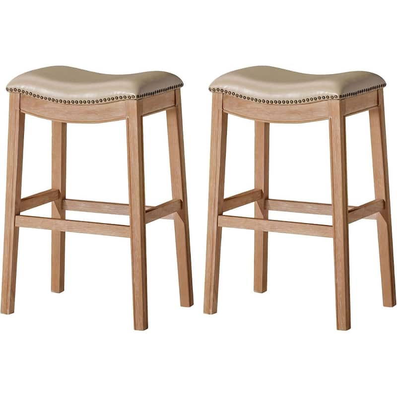 Maven Lane 31" Adrien Saddle Kitchen Bar Height Stool - N/A - Set of 2 - Weathered Oak Vegan Leather