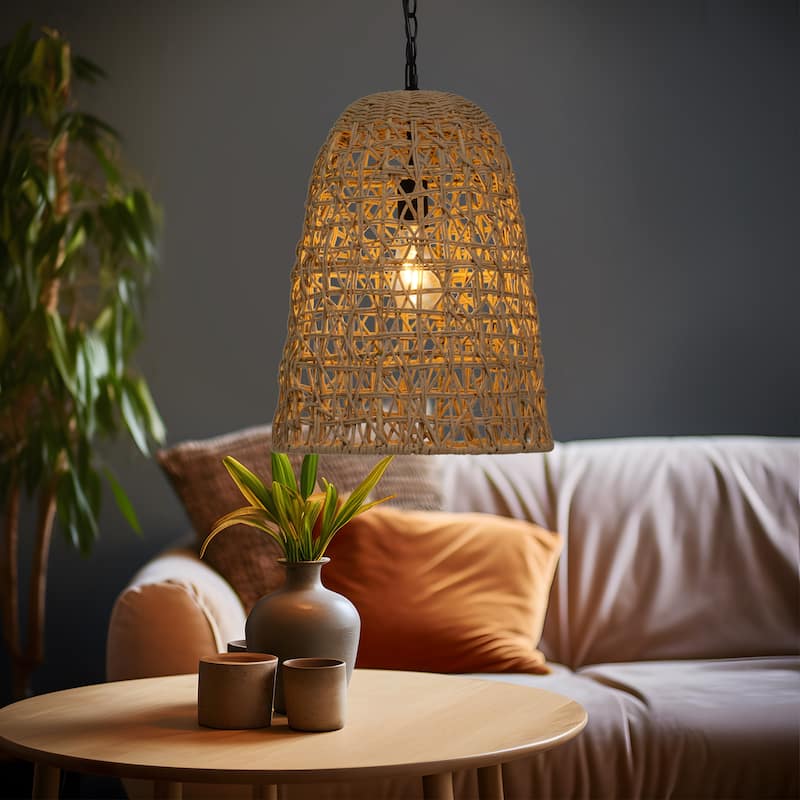 Ravy Modern Farmhouse 1-Light Large Rattan Pendant Handwoven Dome Kitchen Island Lights - D 13.8" x H 19.7"