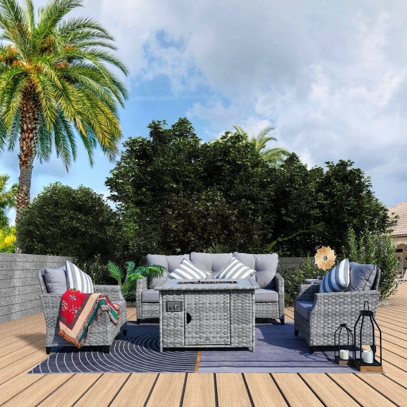 Abrihome 5-piece Wicker Patio Garden Furniture Sofa Set with Gas Fire Pit