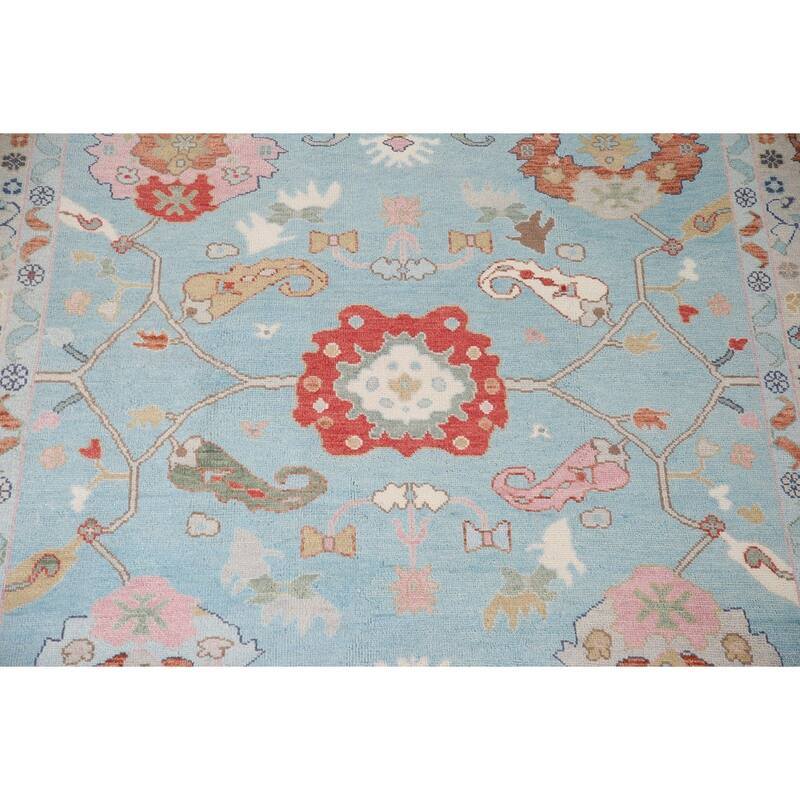 Light Blue Floral Oushak Area Rug Hand-Knotted Oriental Wool Carpet - 8'11"x 11'10"