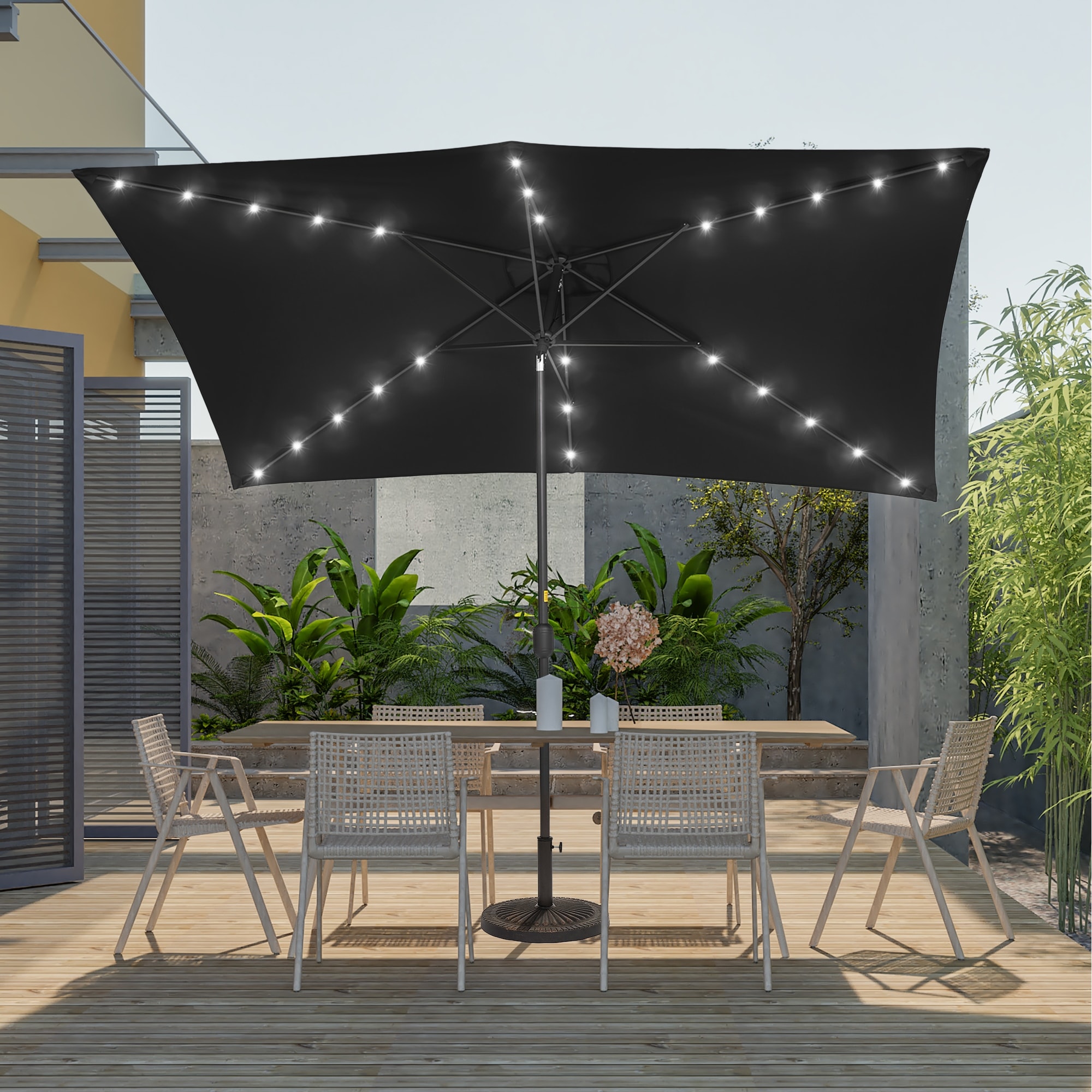 6 ft black patio umbrella AMMSUN 6FT Portable Outdoor Beach with Tilt Function, shading a cozy bistro table At Home Black Outdoor Crank