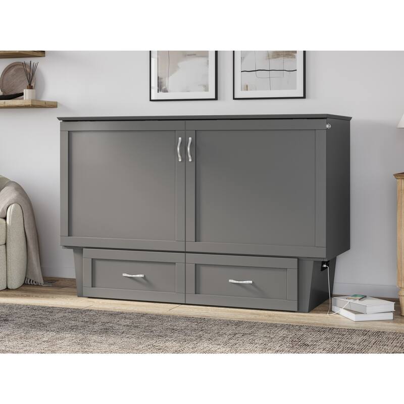 Queen Murphy Bed Chest Solid Wood - Grey Storage Bed with Mattress & USB Ports - Space Saving Furniture