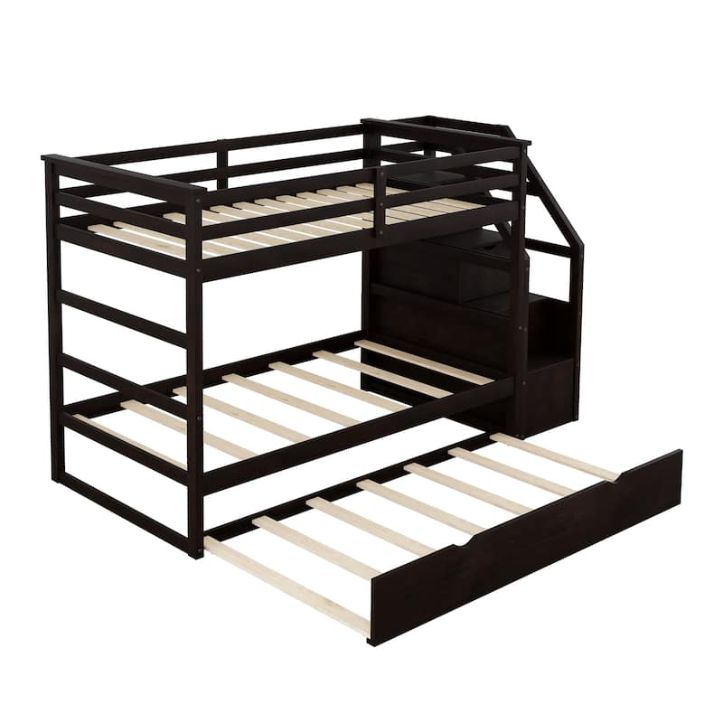 Kids Twin Ove Twin Bunk Bed with Pull-Out Trundle and 3 Storage Stairs, Safety Guardrails and Armrest