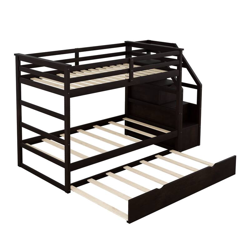 Twin-Over-Twin Bunk Bed with Trundle and 3 Storage Stairs, Espresso Finish