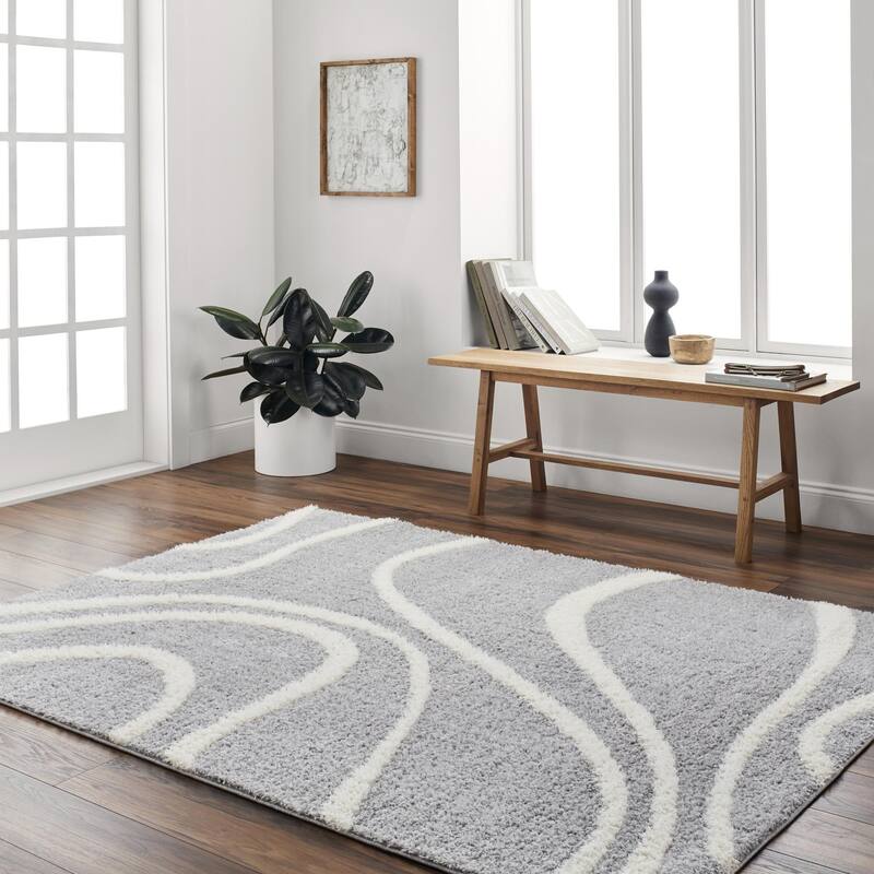 Livabliss Rodos Transitional Swirl Plush Area Rug - 5' 3" x 7' - Light Slate/White
