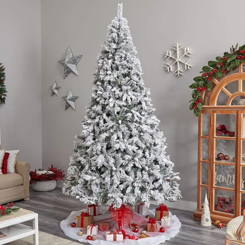10' Pre-Lit Flocked West Virginia Fir Artificial Christmas Tree, Warm Clear LED Lights - over-10-feet