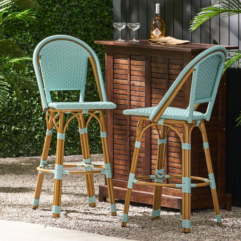 Roomfitters French Bistro Bar Stool Set of 2, 29.5'' Outdoor PE Rattan and Aluminum Counter Chairs with Footrest, Teal Blue