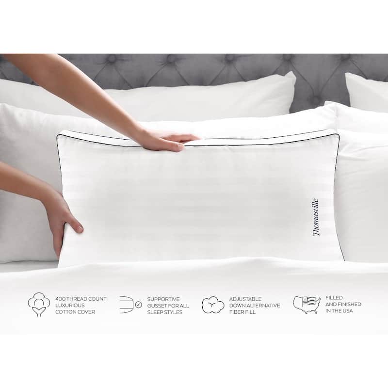 Thomasville 100 % Cotton Damask Stripe Hotel Bed Pillow with Supportive Gusset for Side Back Stomach Sleepers 2 Piece