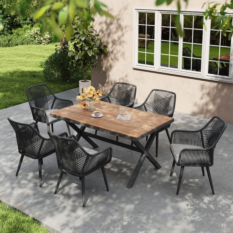 7-Piece Outdoor Dining Set - Iron Frame with Cross Wicker Back Chairs & X-Base Table - Black Chair