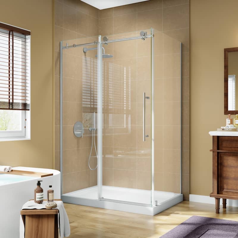 Modland 44-48" x 72'' Semi-Frameless Sliding Shower Enclosure - 3/8" SGCC Glass, Matte Black/Brushed Nickel