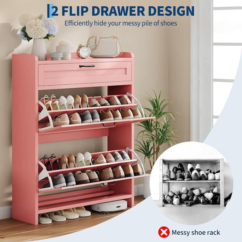 Freestanding Shoe Storage Cabinet Organizer with 2 Flip Drawers for Entryway Hallway Living Room