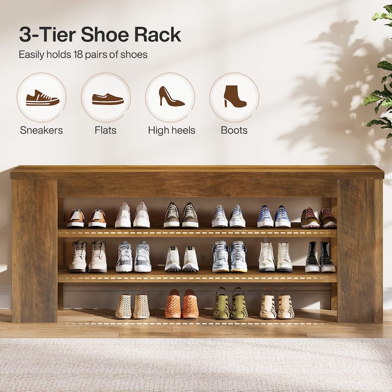 47'' Rustic Brown Wood 3-Tier Shoe Bench with Open Storage, Entryway Bench