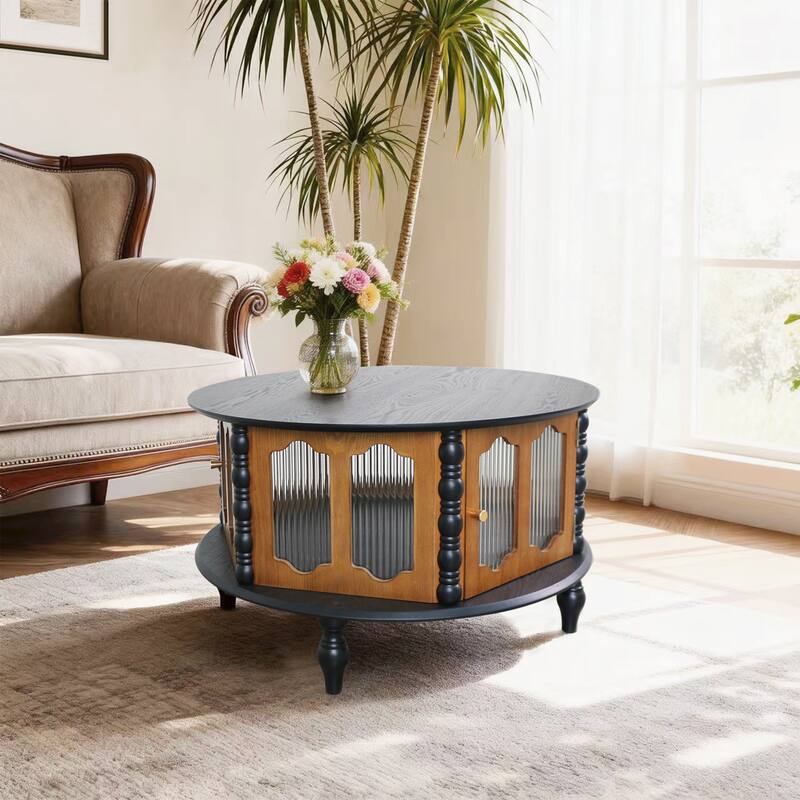 31.5" Round Real Wood Veneer Coffee Table, Three-Door Storage, Black + Walnut for Compact Areas