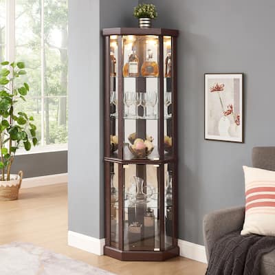 Lighted Corner Curio Cabinet - Elegant Glass Display Case for Display Storage - Perfect for Antique Collections & Wine