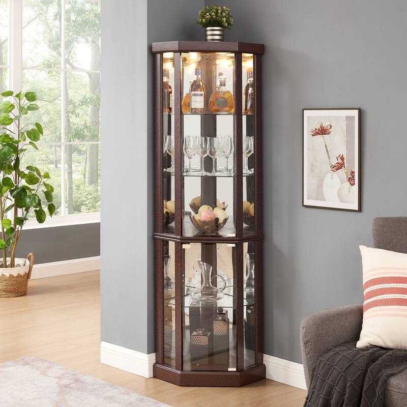 Vintage Display Case with Adjustable Glass Shelves and Lighting System for Living Room, Kitchen