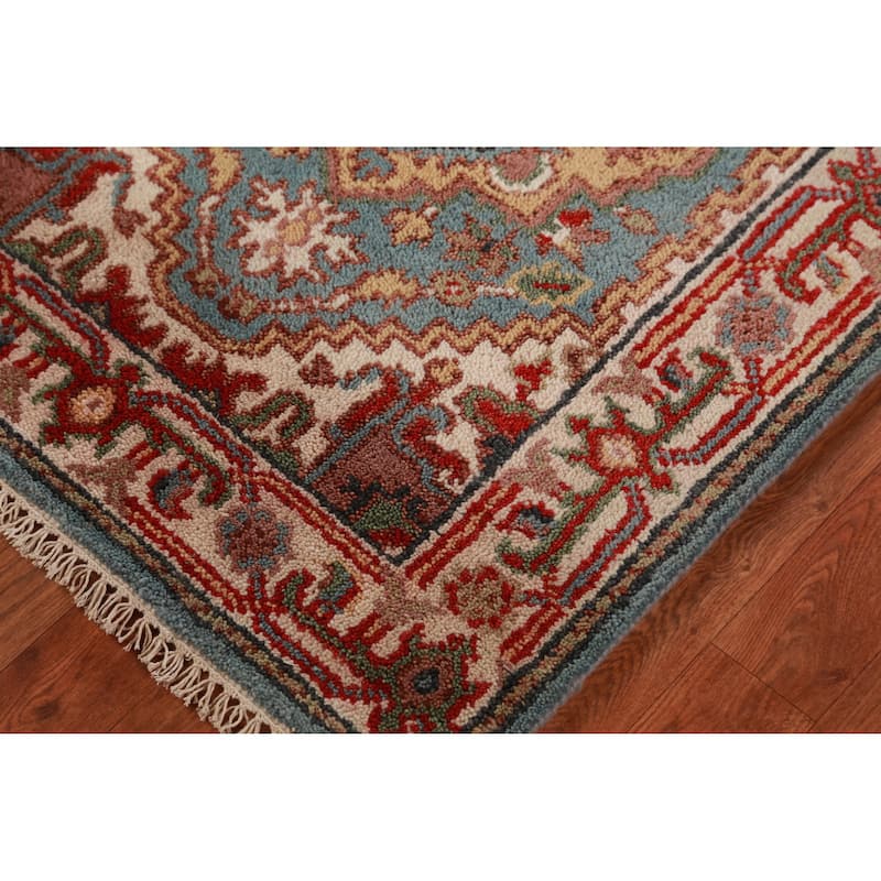 Light Blue Geometric Heriz Serapi Runner Rug Handmade Wool Carpet - 2'8"x 15'9"