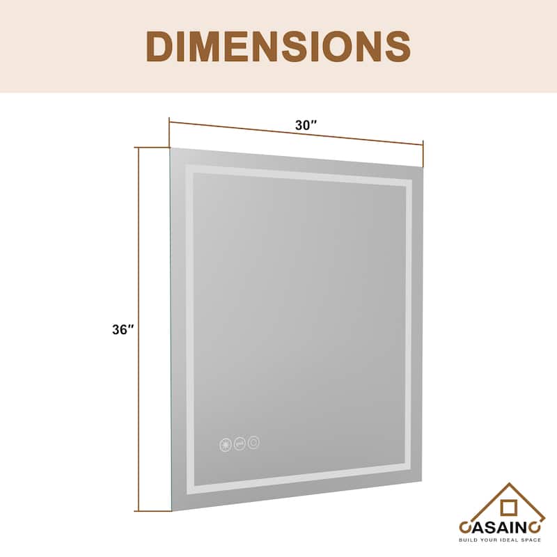 30 in. W x 36 in. H Large Rectangular Frameless LED Wall-Mounted Bathroom Vanity Mirror in Silver