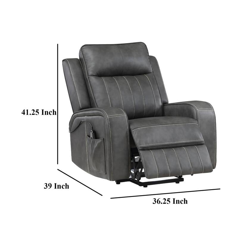 Josen Power Recliner Chair, 36 Inch Gray Faux Leather, Track Armrests