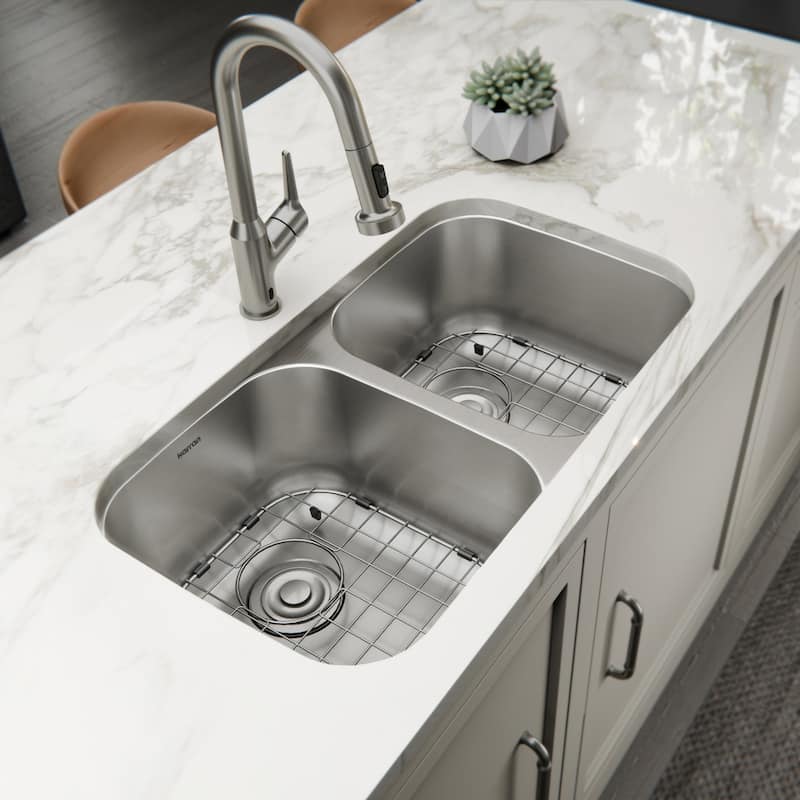 Karran Profile 32" Undermount 18 Gauge Double Bowl Stainless Steel Kitchen Sink with Accessories