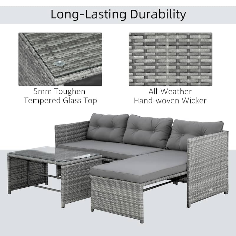 Outsunny 3-Piece Wicker Patio Furniture Sets, Rattan Conversation Sets, Sectional sofa set with Cushioned Lounge Chaise