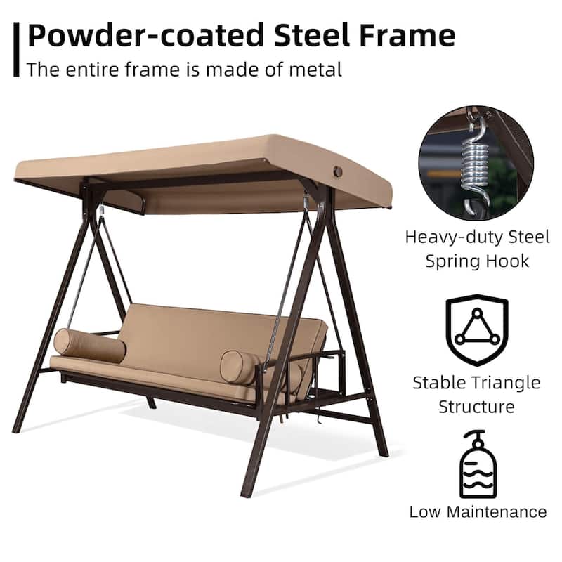 PURPLE LEAF 3-seat Outdoor Patio Porch Swing Adjustable Backrest, Cushions and Pillow Included