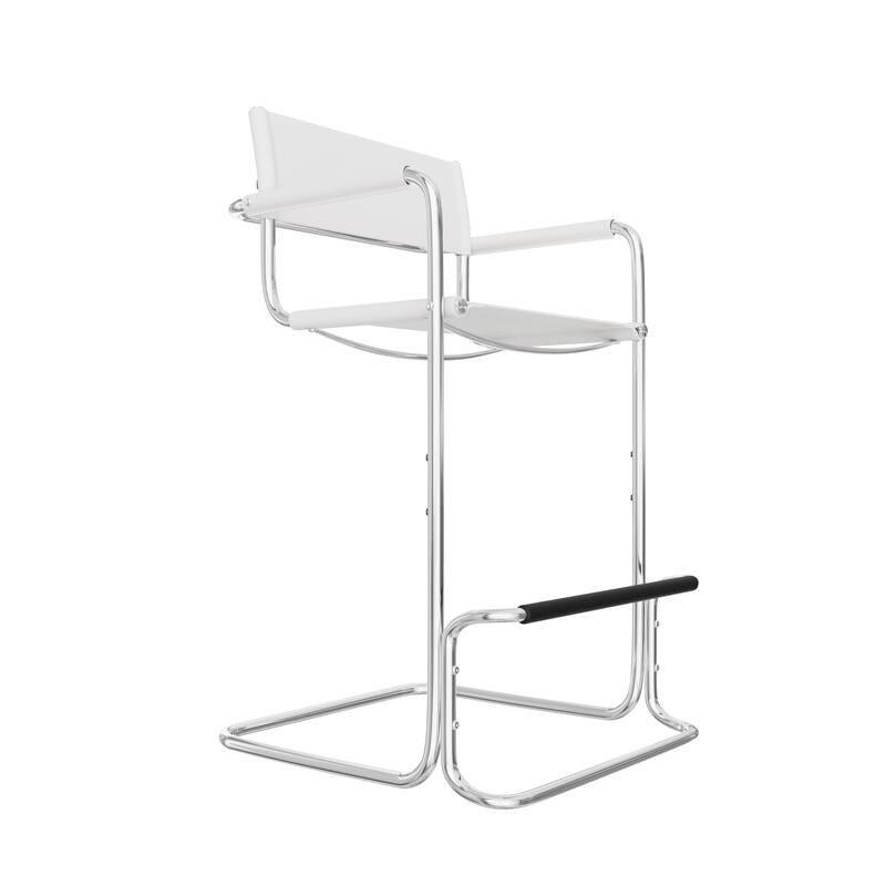 HomeRoots 30" White and Silver Leather and Steel Bar Height Bar Chair