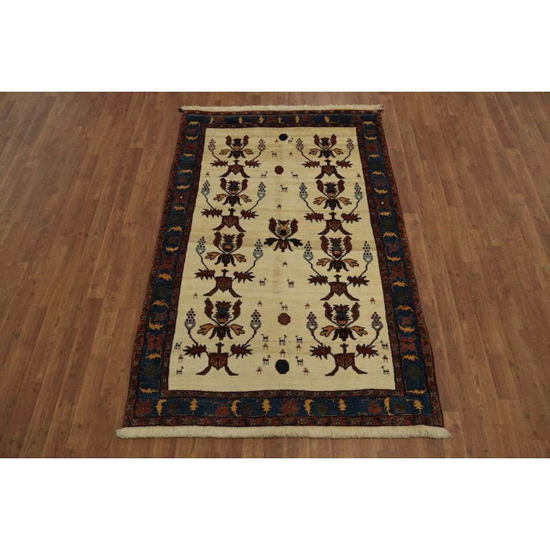 Hand Knotted Oriental 100% Wool Carpet Tribal All-Over Beige & Ivories Gabbeh (kashkoli) Area Rug - 6' 2'' X 4' 1''
