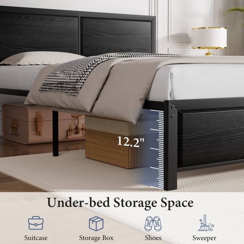 VECELO Platform Bed Frame with Wooden Headboard Heavy Duty Steel Slats Support No Box Spring Needed