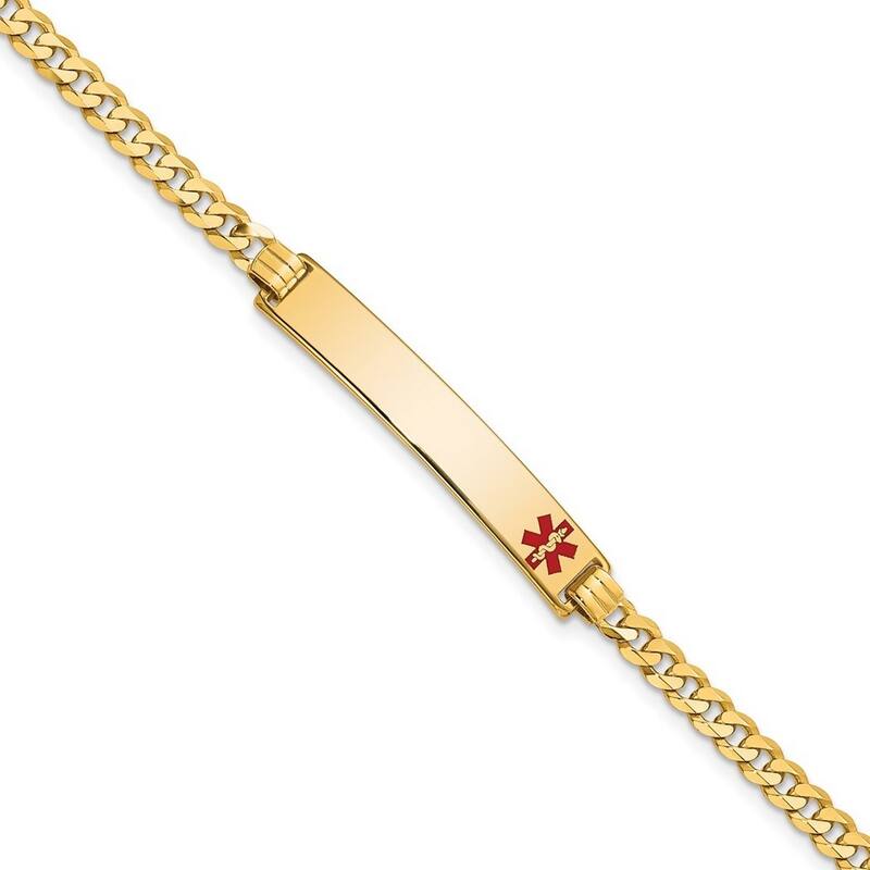 Curata 14k Yellow Gold 6.5mm Engravable Medical Red Enamel Flat Curb Link ID Bracelet