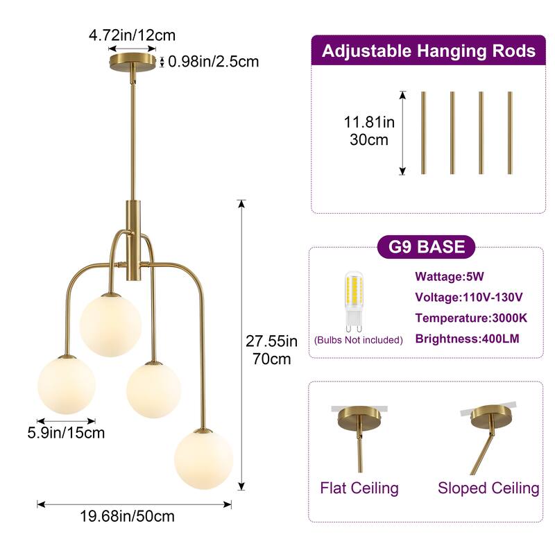 4 - Light Dimmable Sputnik Modern Linear Chandelier with White Glass Shade - Brushed Gold