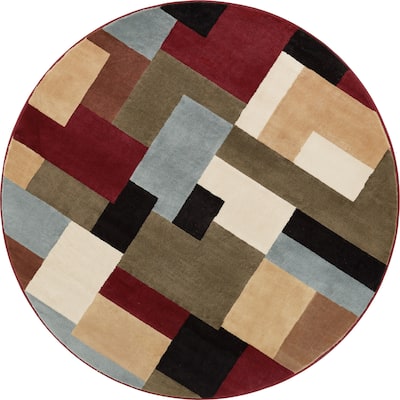 Well Woven Modern Geometric Boxes Red Round Rug - 5'3