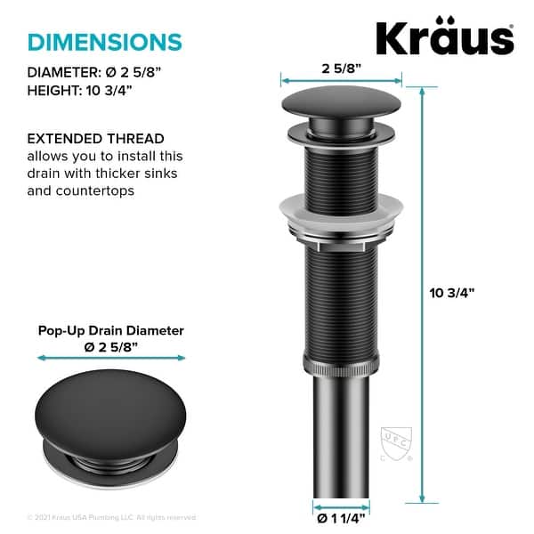 dimension image slide 8 of 11, KRAUS Pop-Up Drain for Vessel Bathroom sink