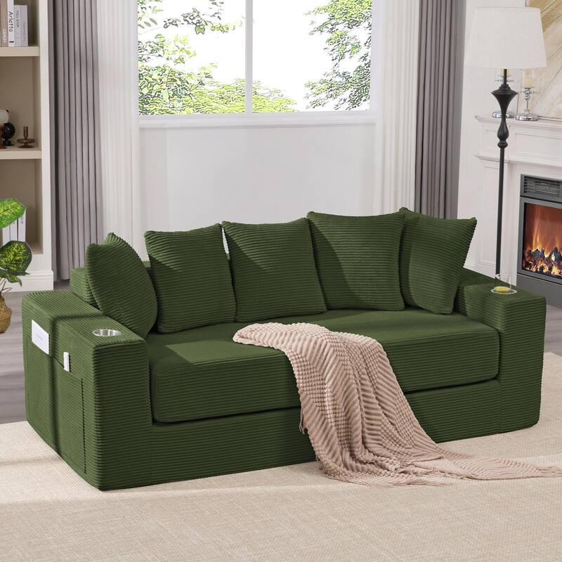 2-in-1 Convertible Sleeper Sofa, Floor Folding Couch, Sofa Bed with Side Pocket, Pull Out Loveseat with Cup Holders