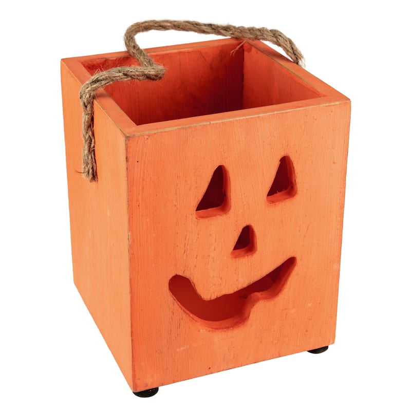 6.25" Small Orange Wood Jack O Lantern Halloween Candle Lantern