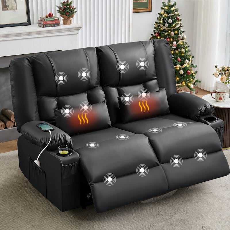 Manual Recliner Loveseat with Massage & Heating, Cup Holders & Side Pocket for Living Room - Black