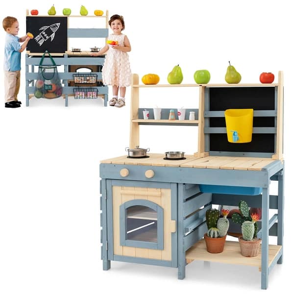 slide 2 of 10, Costway 2-In-1 Outdoor Mud Kitchen with Faucet & Removable Sink Metal - See Details Blue + Natural - See Details