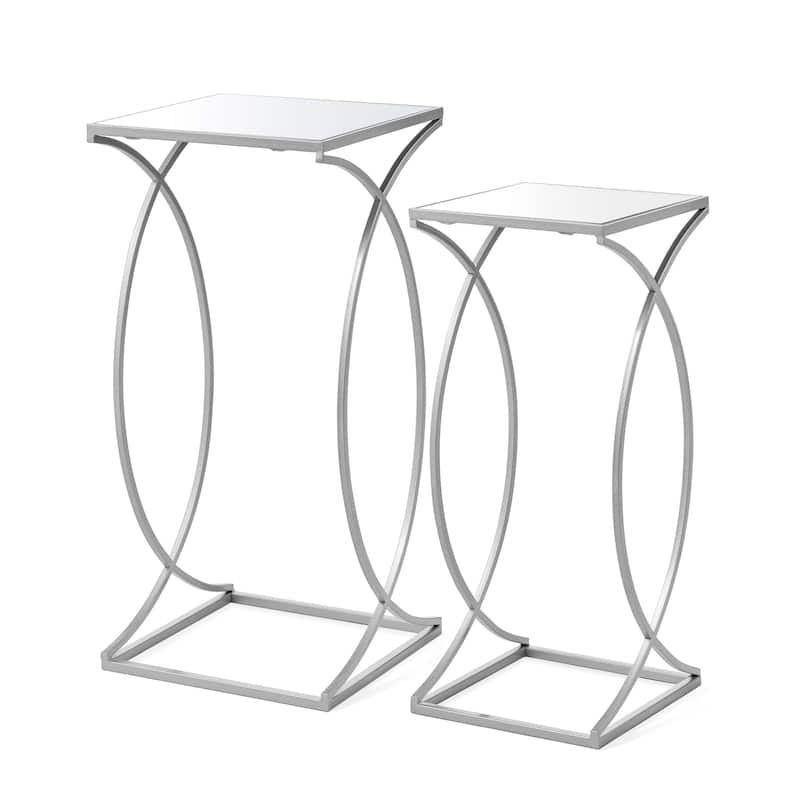 Glitzhome Set of 2 Modern Glam Glass Top Nesting Side Table - Silver