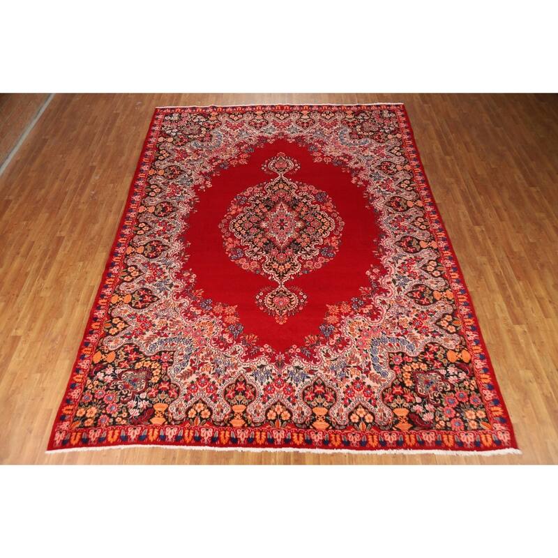 Red Medallion Kerman Persian Vintage Area Rug Handmade Wool Carpet - 9'2"x 12'8"