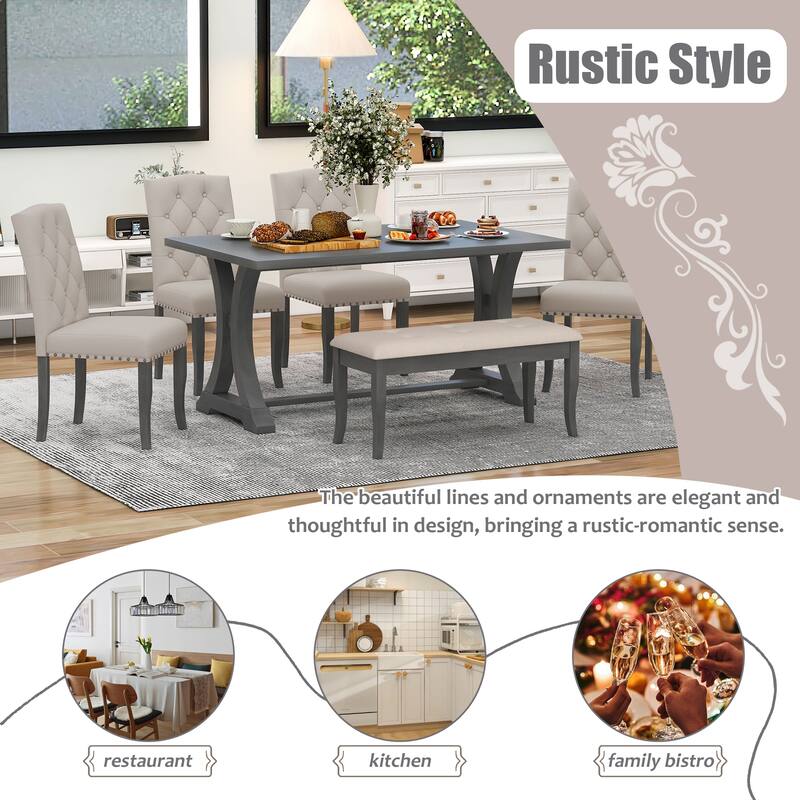 6-Piece Farmhouse Dining Table Set, Rectangular Trestle Table and 4 Upholstered Chairs & Bench