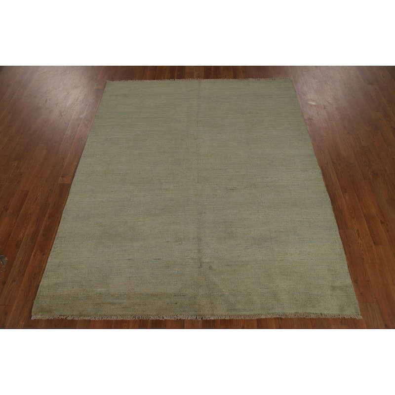 Green Solid Gabbeh Modern Area Rug Hand-Knotted Wool Carpet - 5'2" x 6'2"