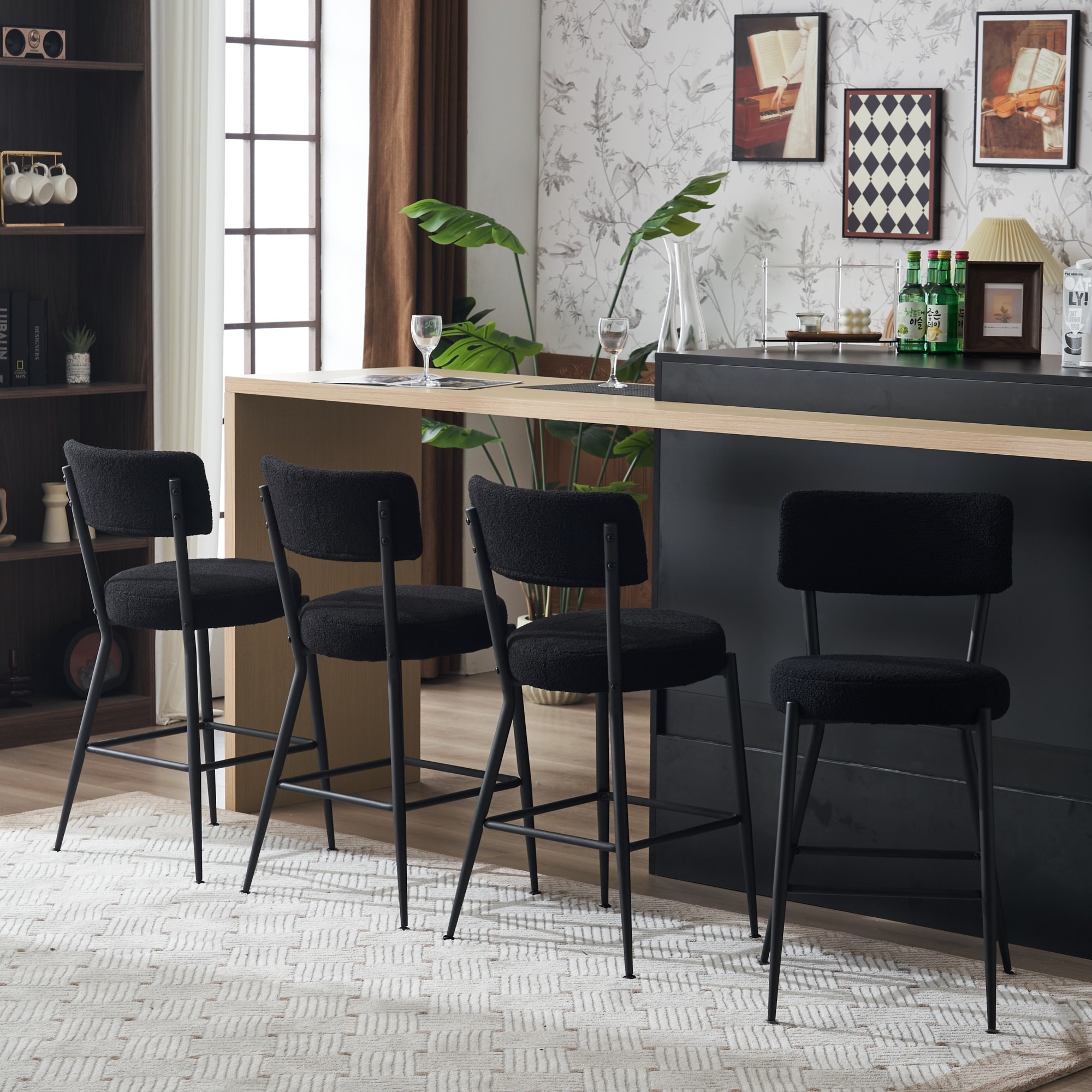 Round Bar Stools Upholstered Dining Stools Metal Legs Set of 2