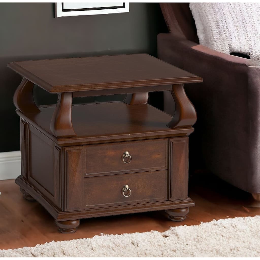 HomeRoots 26" Brown Solid Wood Square End Table With Two Drawers And Shelf - 26' X '26' X '28