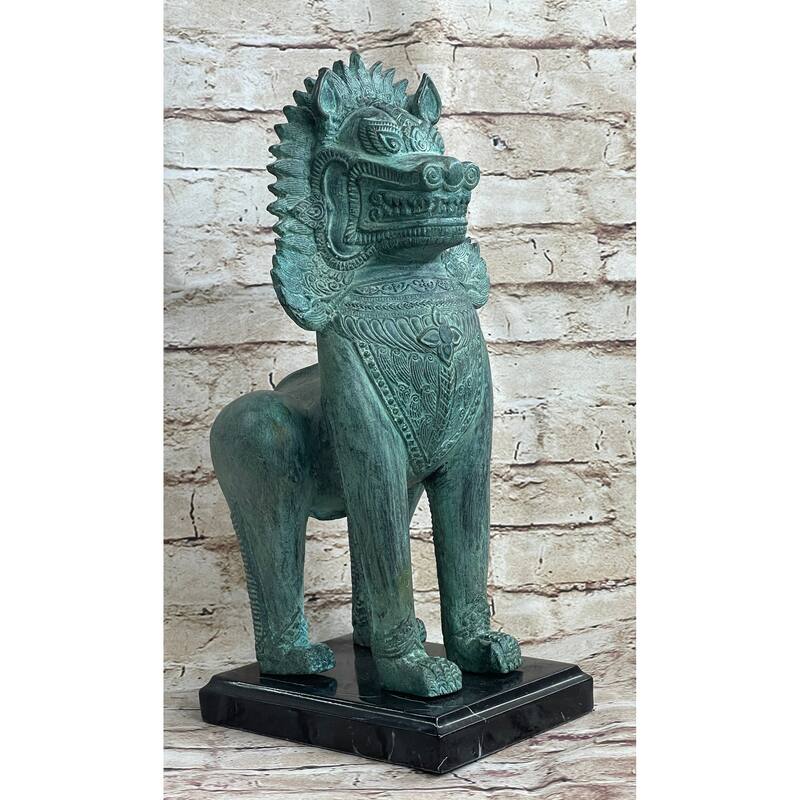 Chinese Foo Dog Guardian Lion Bronze Sculpture Statue Signed Handmade Art 13 Inches X 6 Inches