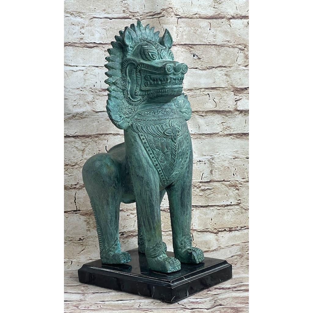 Chinese Foo Dog Guardian Lion Bronze Sculpture Statue Signed Handmade Art 13 Inches X 6 Inches