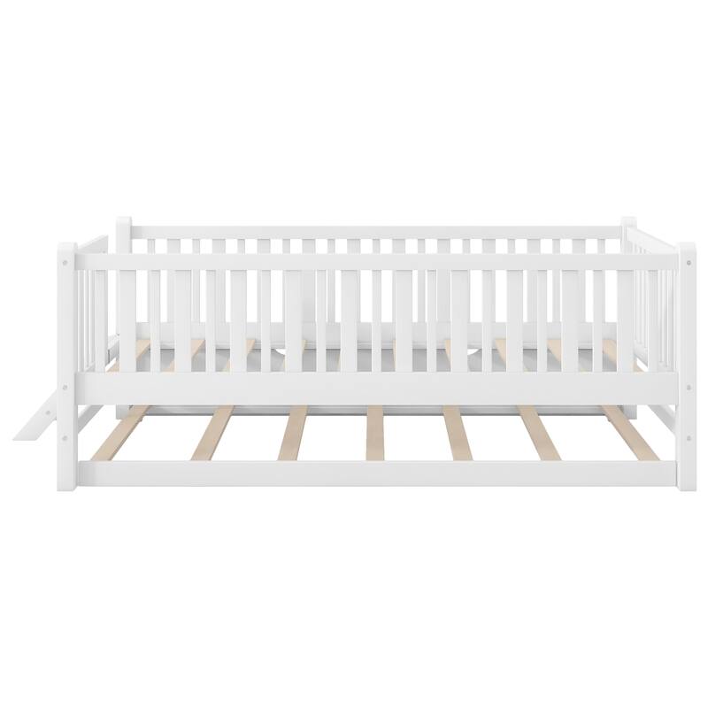 GDFStudio - Wood Twin Platform Bed with Guardrail, Trundle and Storage, Walnut