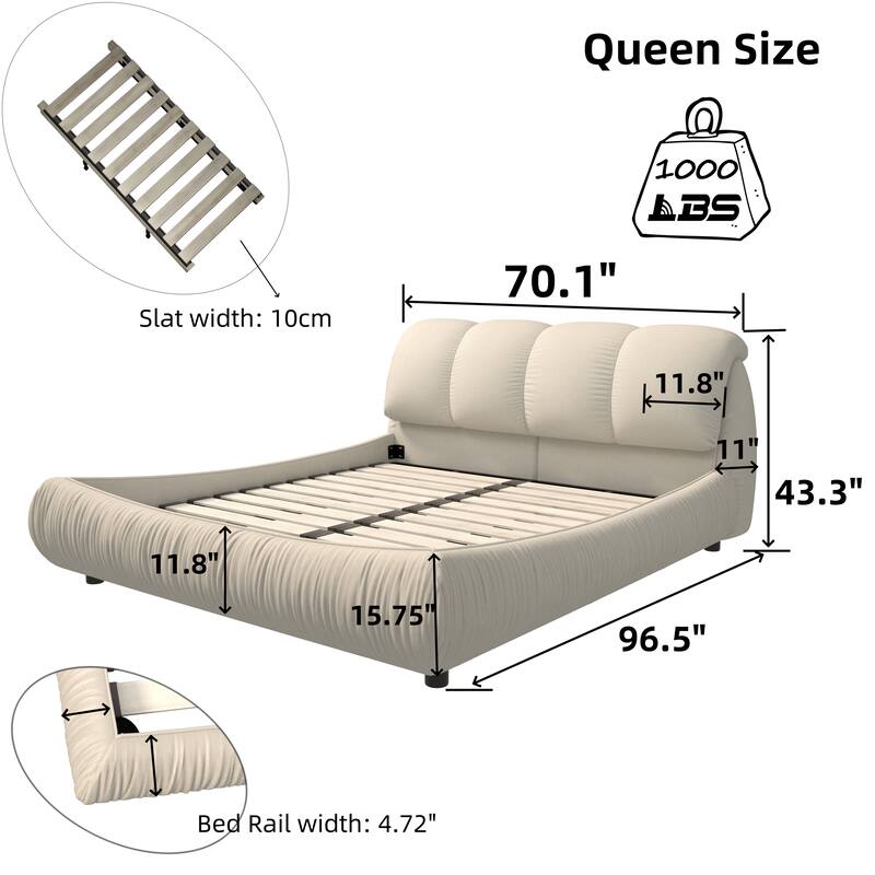 Queen Upholstered Platform Bed with Oversized Padded Backrest, Beige