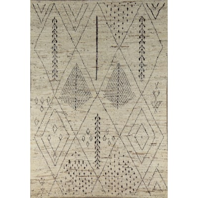 Geometric Moroccan Oriental Rug Handmade Geometric Beige Wool Carpet - 6'9" x 9'7"