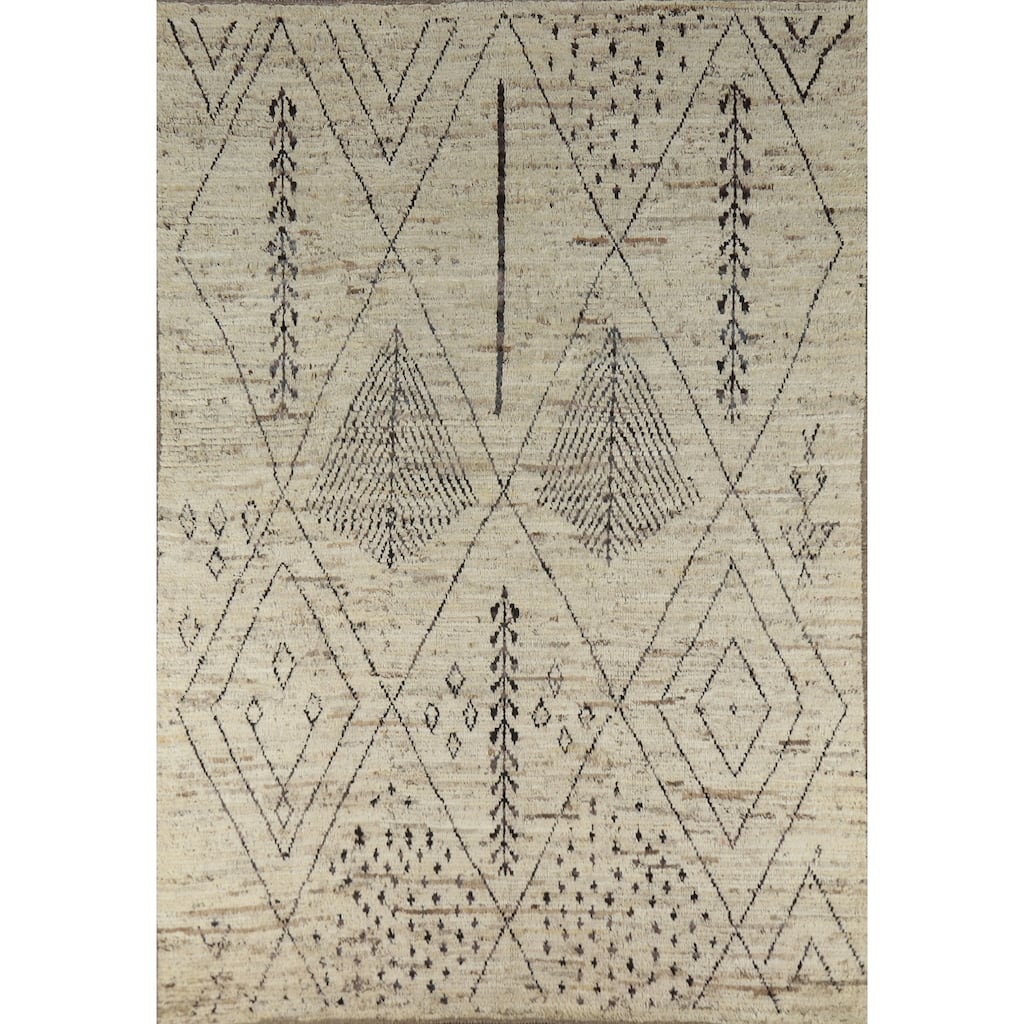 Geometric Moroccan Oriental Rug Handmade Geometric Beige Wool Carpet - 6'9" x 9'7"